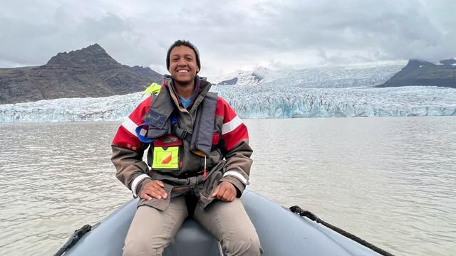 Chris Sanders in a boat on a glacier tour in Iceland.